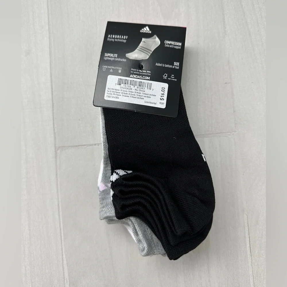 NWT Adidas Girl's Superlite Socks 6 Pair No Show Size M White Black Gray RARE